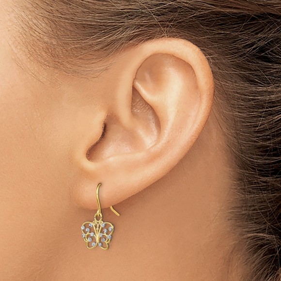 14k Yellow Genuine Gold with Rhodium Diamond-cut Butterfly Wire Earrings - Picture 3 of 4